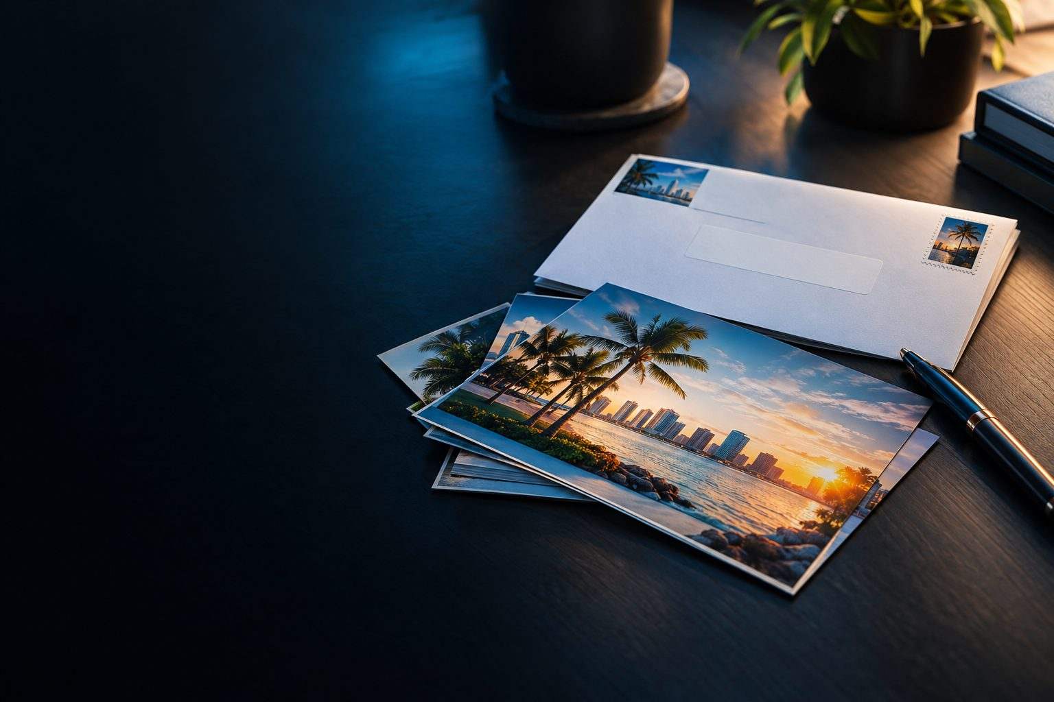 Direct mail postcards on a desk