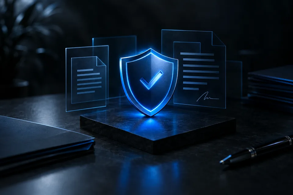 A glowing blue shield with a checkmark beside document outlines and a pen
