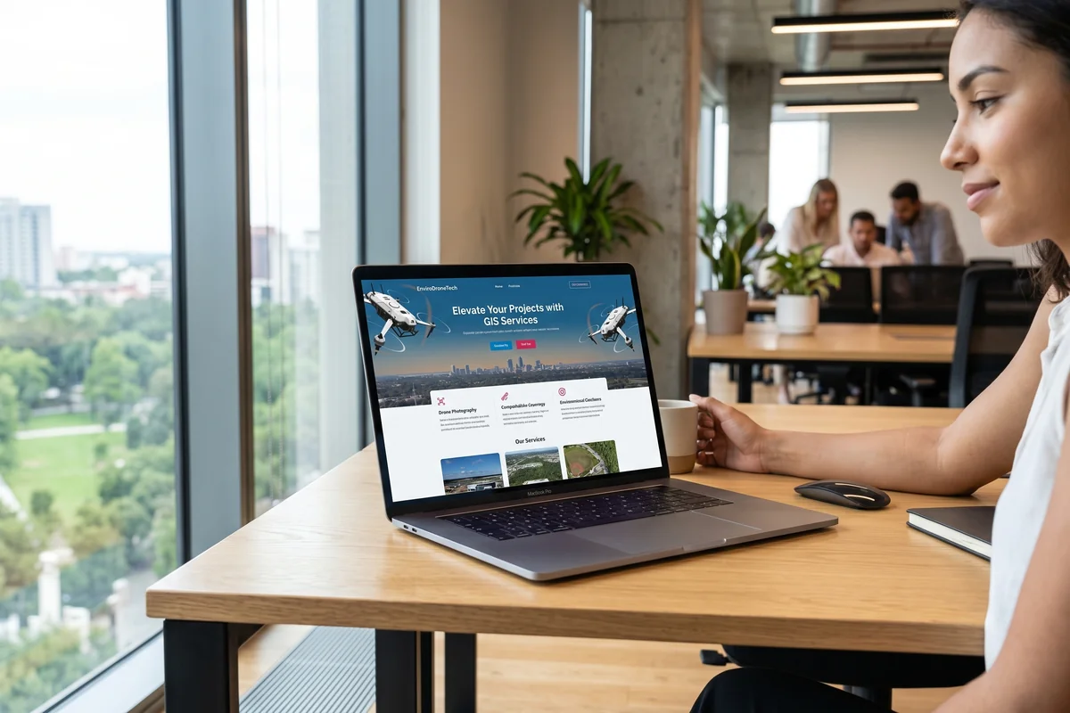 Designer building a website, code and design preview on screen